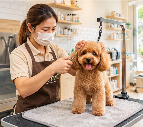 Groomer tending to a small dog in the salon